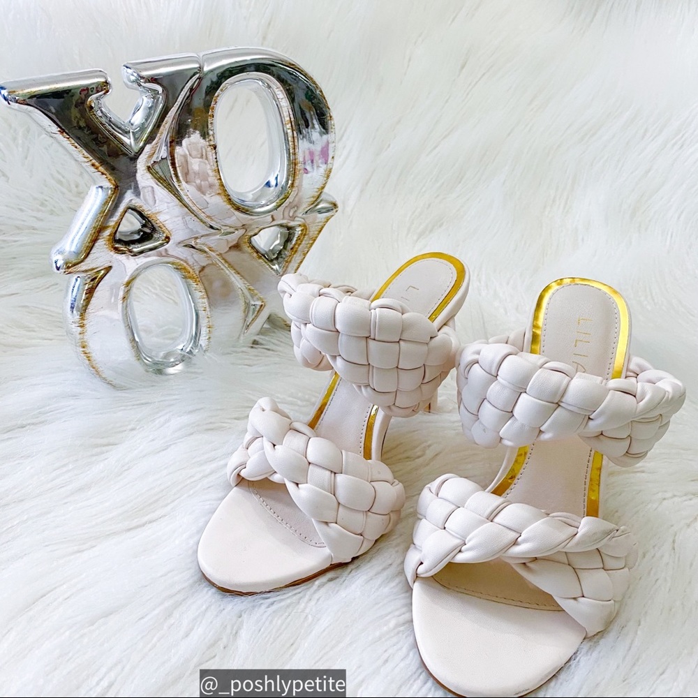 Off white woven Braided Double Band round open toe mid-heel sandal